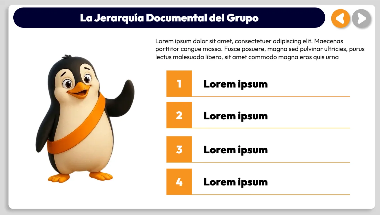 La Jerarquía Documental del Grupo: un pingüino con una banda naranja junto a una lista de cuatro puntos numerados