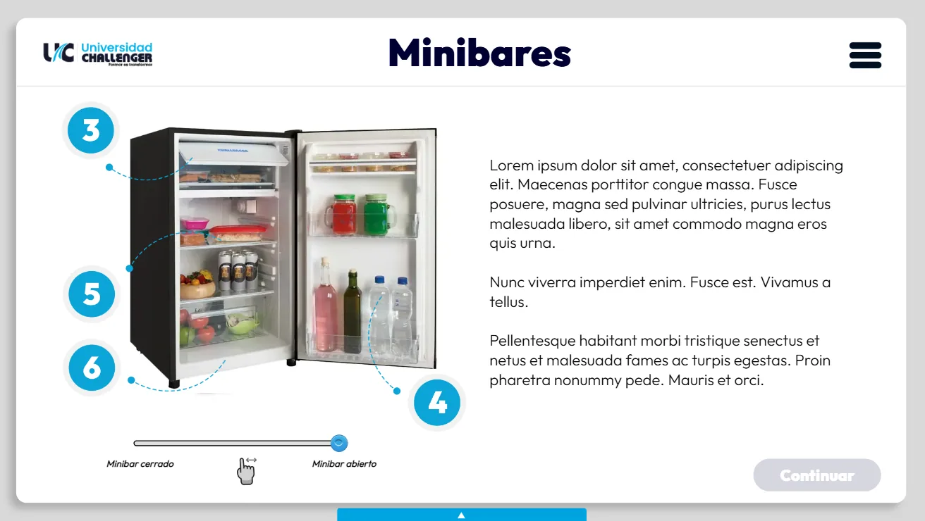 Pantalla del módulo de minibares: un minibar abierto con puntos numerados y un control deslizante para abrir la puerta