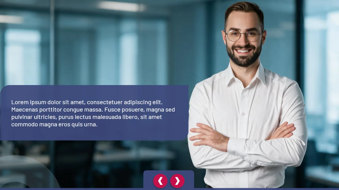 Palabra puente: un asesor sonriente con los brazos cruzados en una oficina, junto a un recuadro azul con el texto que conecta un tema con el siguiente