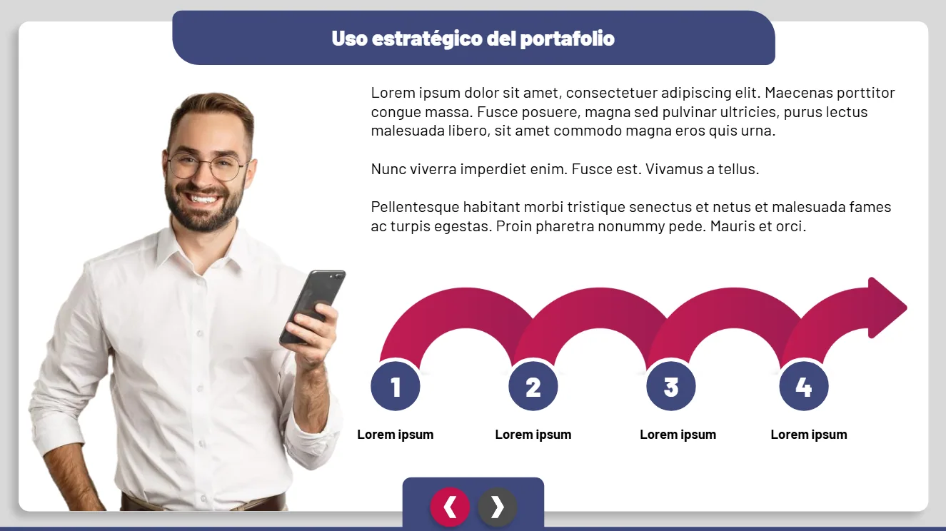 Uso estratégico del portafolio: un asesor sonriente con un celular junto a una flecha con cuatro pasos numerados