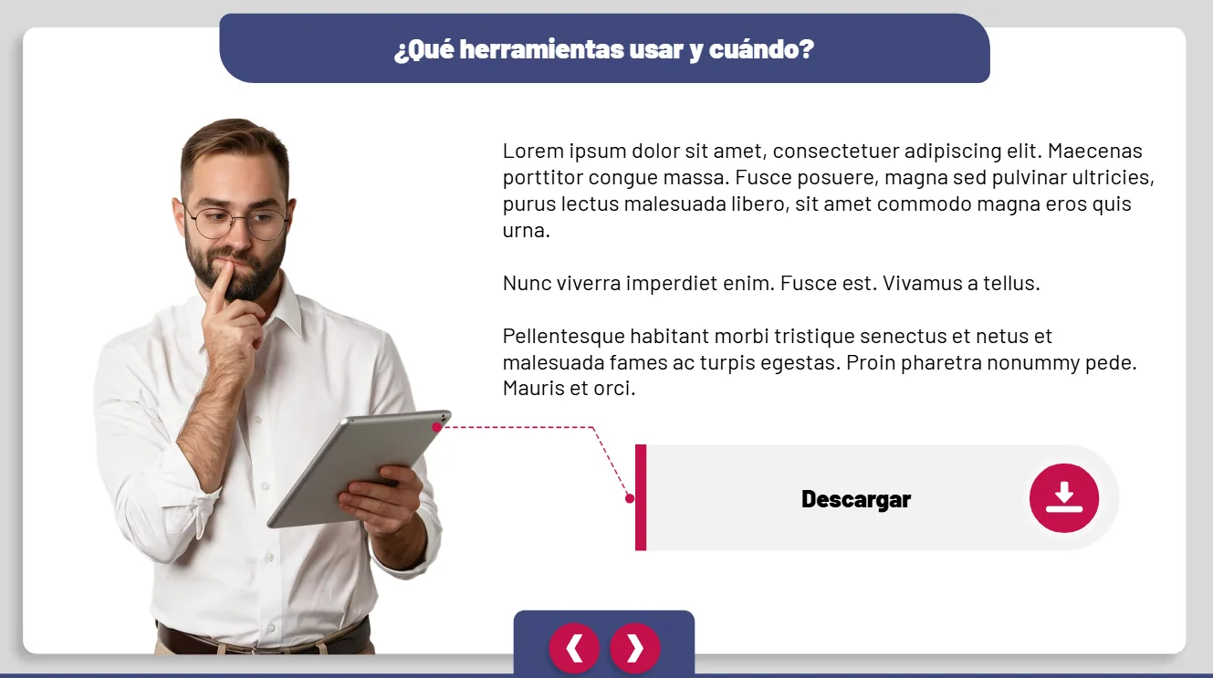 ¿Qué herramientas usar y cuándo?: un asesor pensativo con una tableta junto al botón Descargar