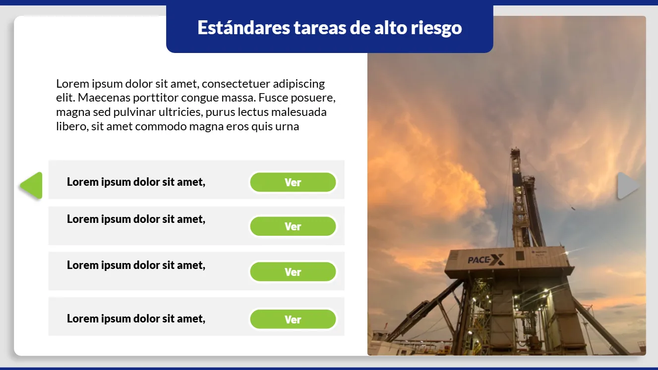 Pantalla de estándares de tareas de alto riesgo: una lista de cuatro estándares con el botón Ver, junto a una foto de un equipo de perforación al atardecer